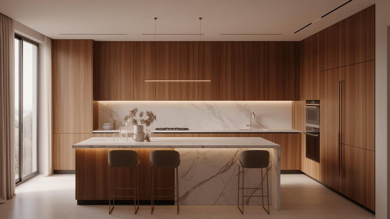 Cozinha sob medida de luxo com madeira nobre e mármore